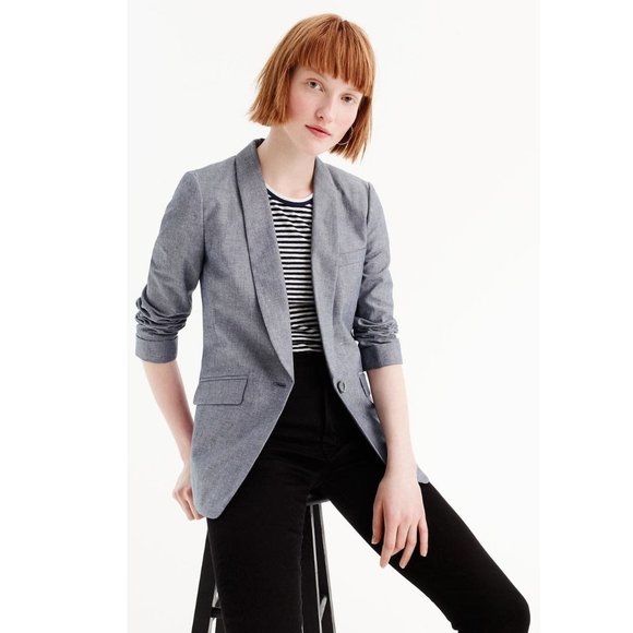 J. Crew Unstructured Shawl Collar Linen/Cotton Blend Blue Chambray Blazer - 2P - Picture 1 of 14